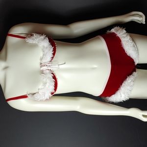 Lover's Lane Bra and Panty Red Velvet White Faux Fur Trim Lingerie Set
